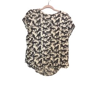 HM Womens Horse Print Short Sleeve Blouse Black White Viscose‎ Top
